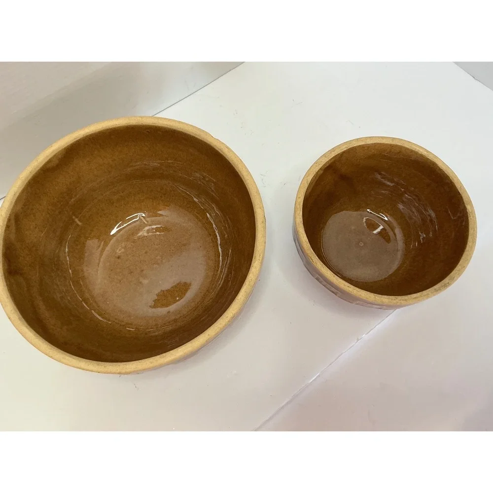Vintage Mixing Bowls Set of 2 Basket Weave Brown Stoneware 7in 5in USA
